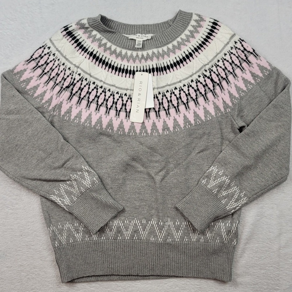 Rio & Rian New York Fair Isle Sweater Gray Pink NWT Geometric Crewneck Medium